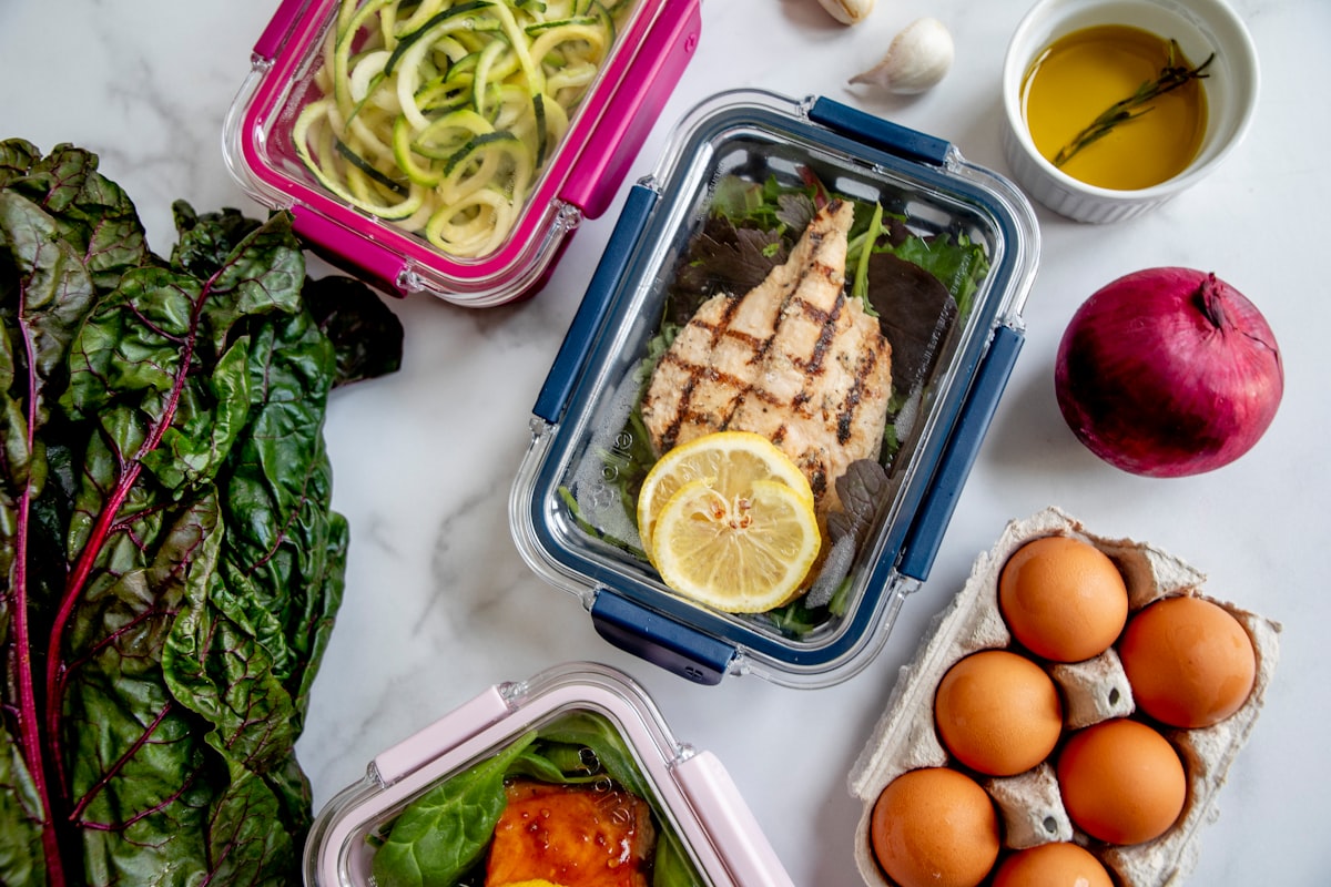 Healthy meal and fitness equipment